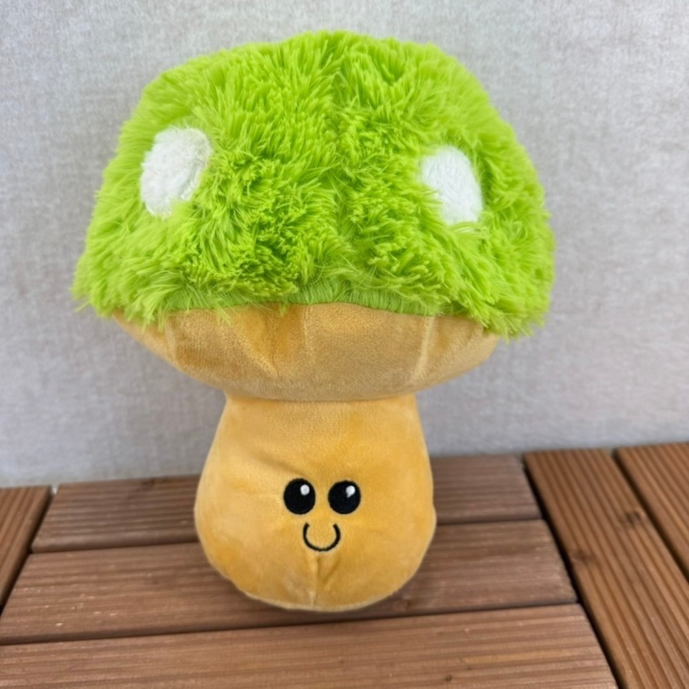 Goffa Green Mushroom Plush Smiling 11" Toadstool Toy Shaggy Cap